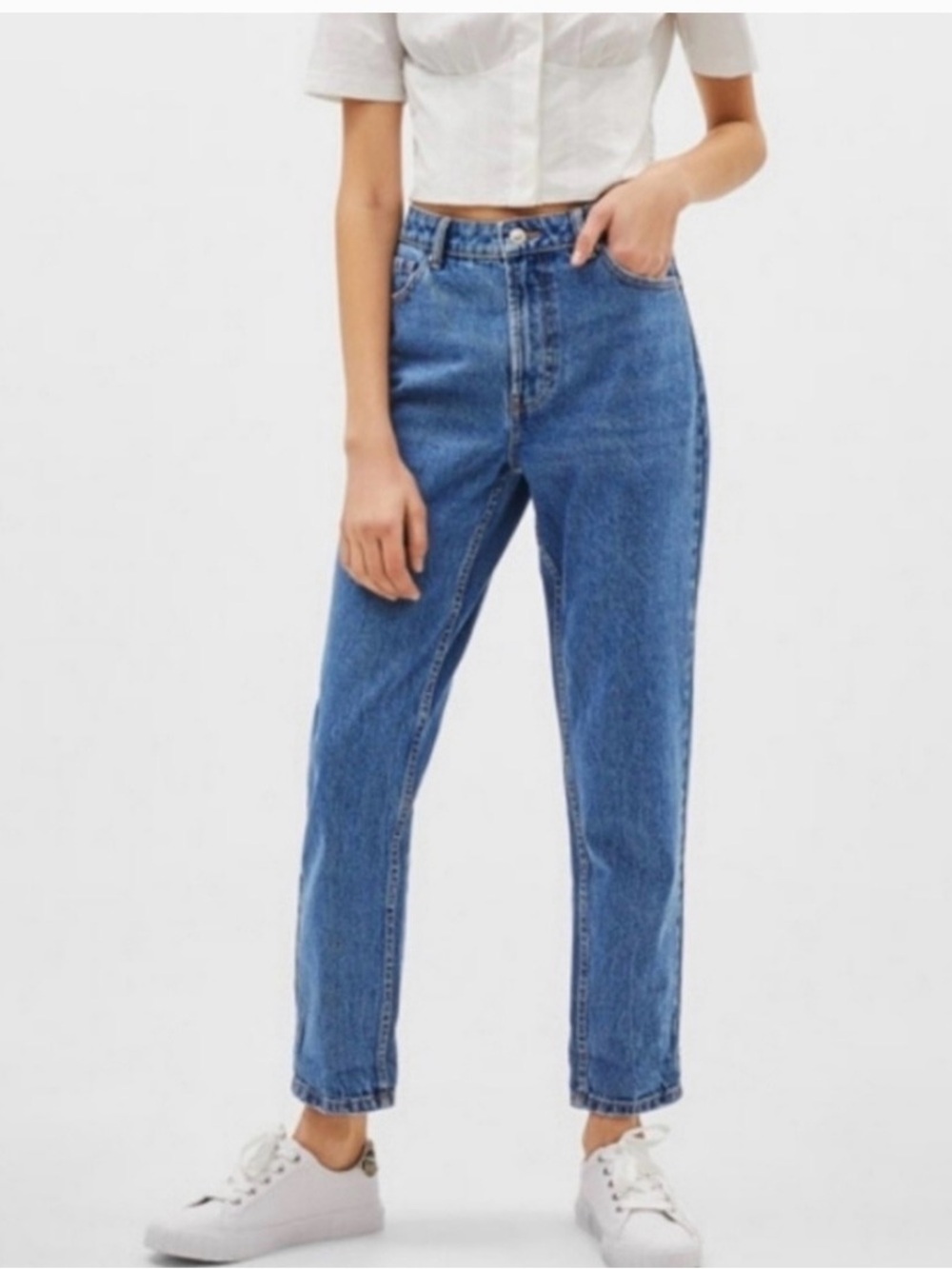 Bershka Women's Mom Jeans Straight Leg Jeans - Medium Blue - Picture 5 of 15